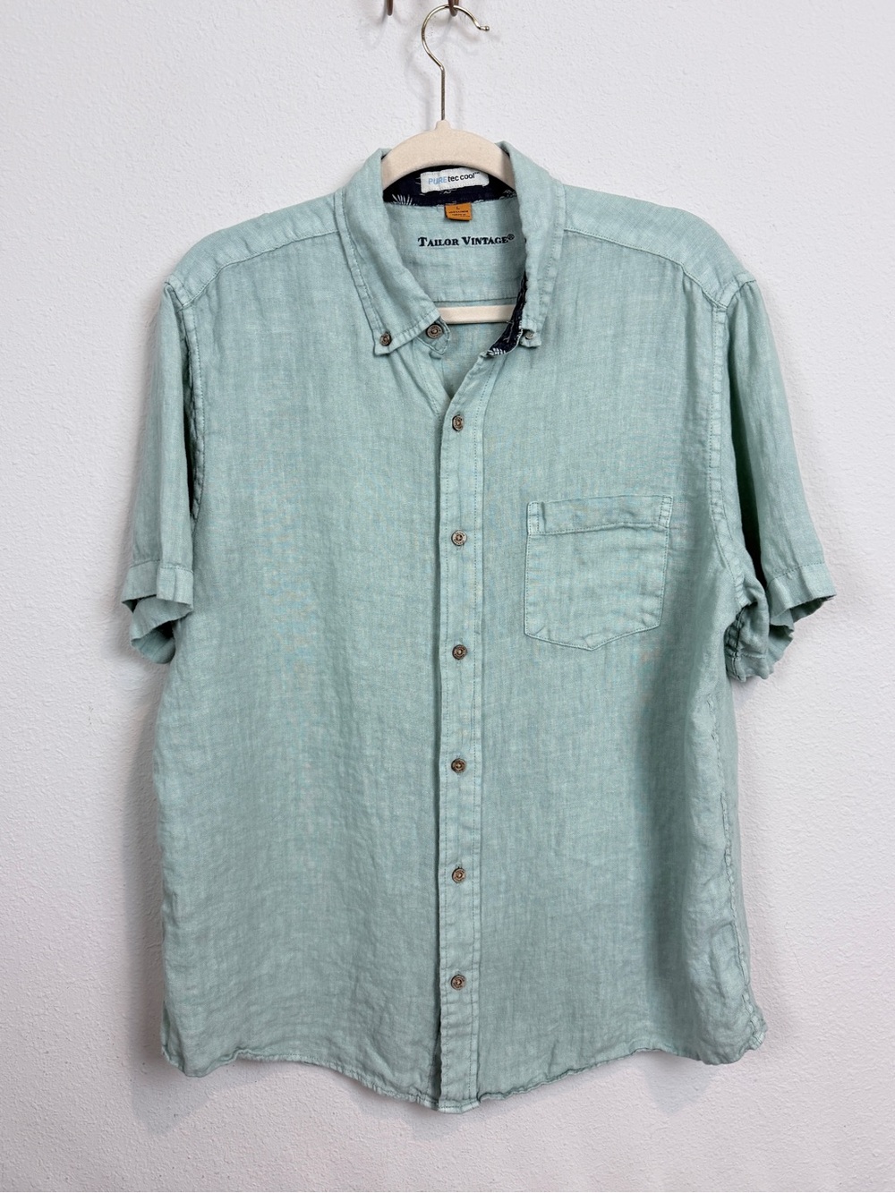 Tailor Vintage Men's Linen Short-Sleeve Button-Down Shirt Green L